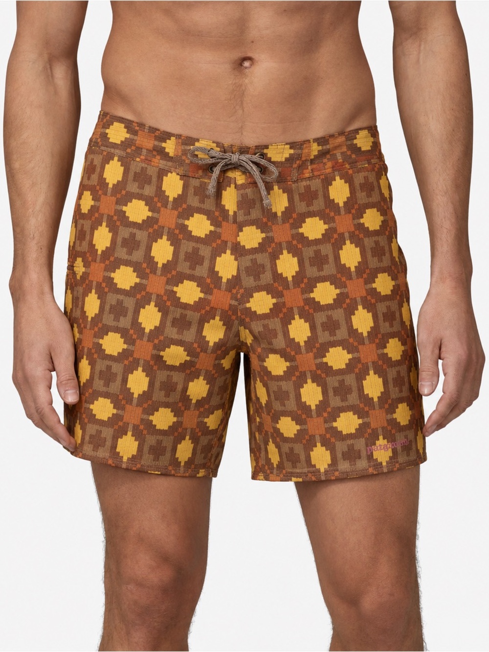 Patagonia Brown & Yellow Geometric Swim Board Shorts